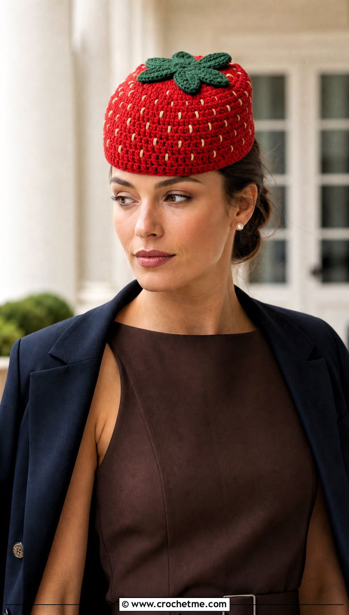 Pillbox Strawberry Crochet Hat With Tailored Dress - 30 strawberry crochet hat outfit ideas