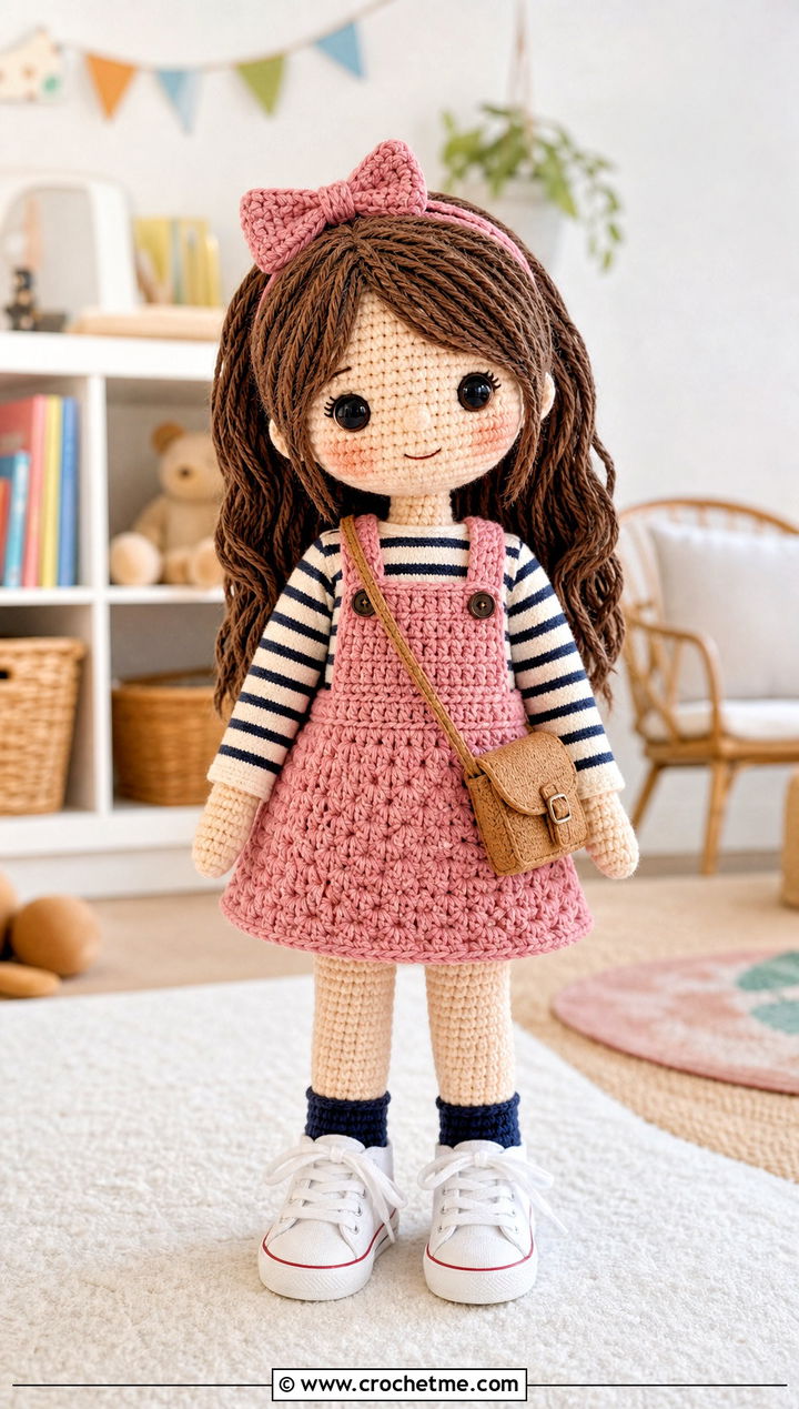 Pinafore Crochet Doll Dress With Striped Shirt - 25 amigurumi crochet doll dress outfit ideas
