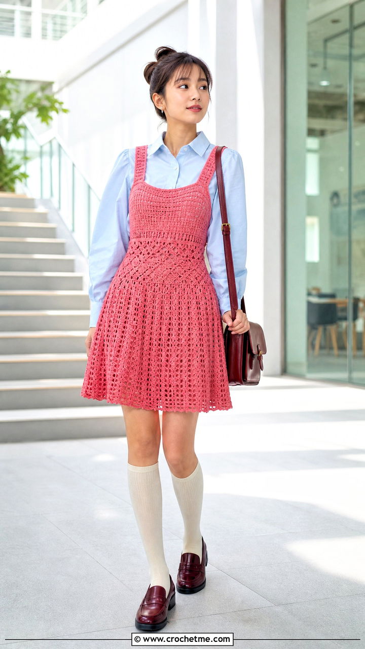 Pinafore Crochet Fairy Dress With Collared Blouse - 35 Crochet Fairy Dress outfit ideas