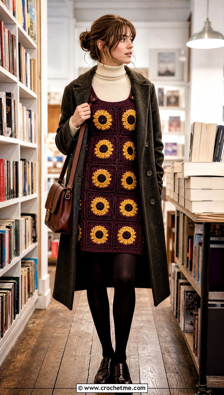 Pinafore Crochet Sunflower Dress Over Turtleneck - 35 crochet sunflower dress outfit ideas