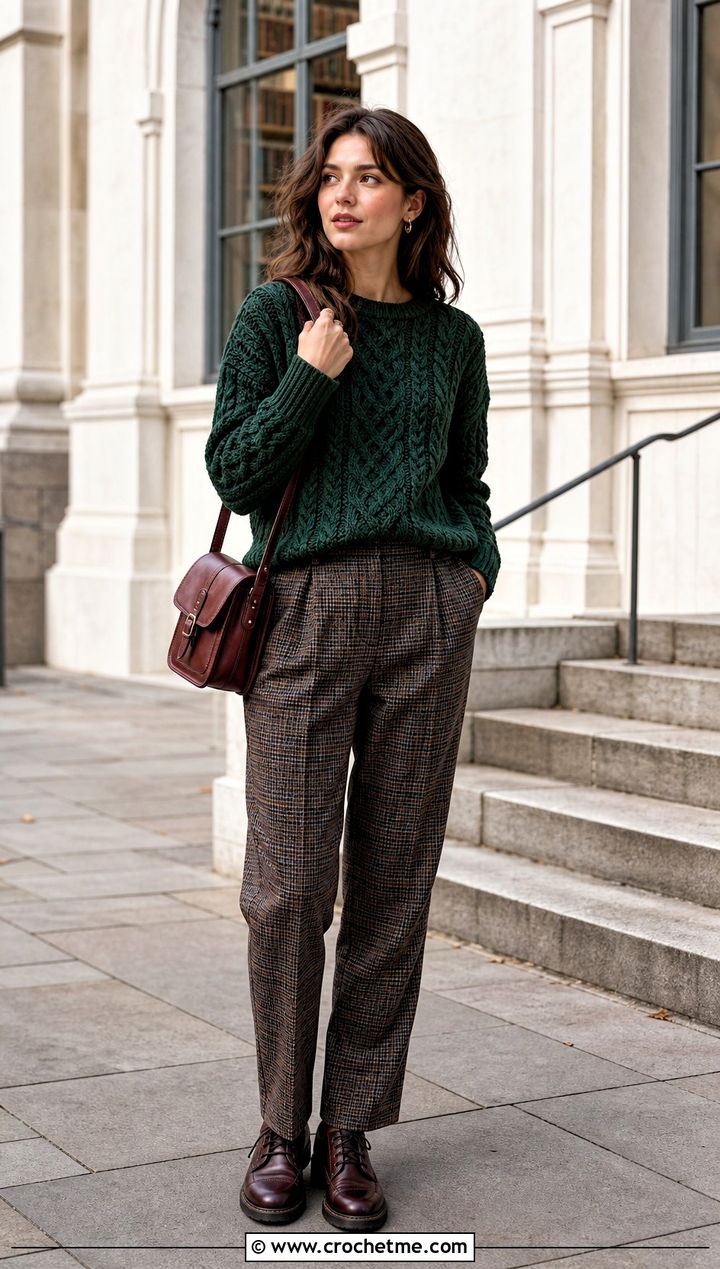 Pine Green Cable Crochet Jumper With Plaid Trousers - 30 green crochet jumper outfit ideas