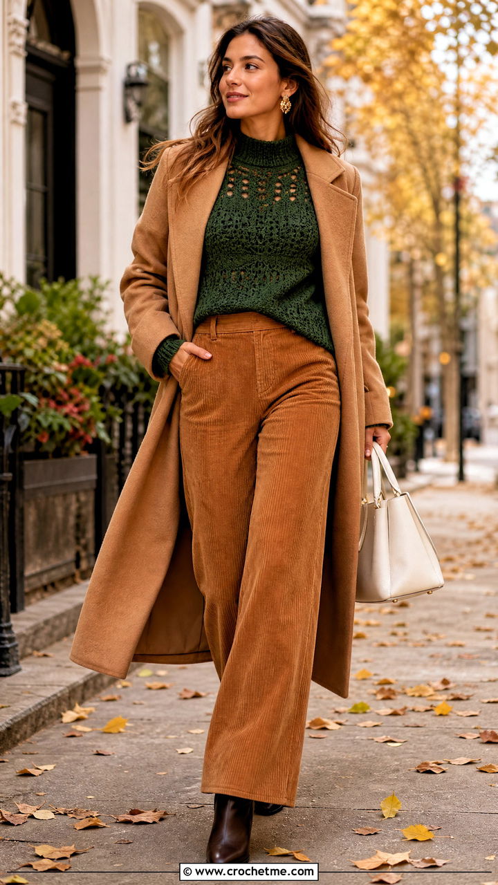 Pine Green Crochet Mock Neck Top With Corduroy Pants - 35 crochet green top outfit ideas