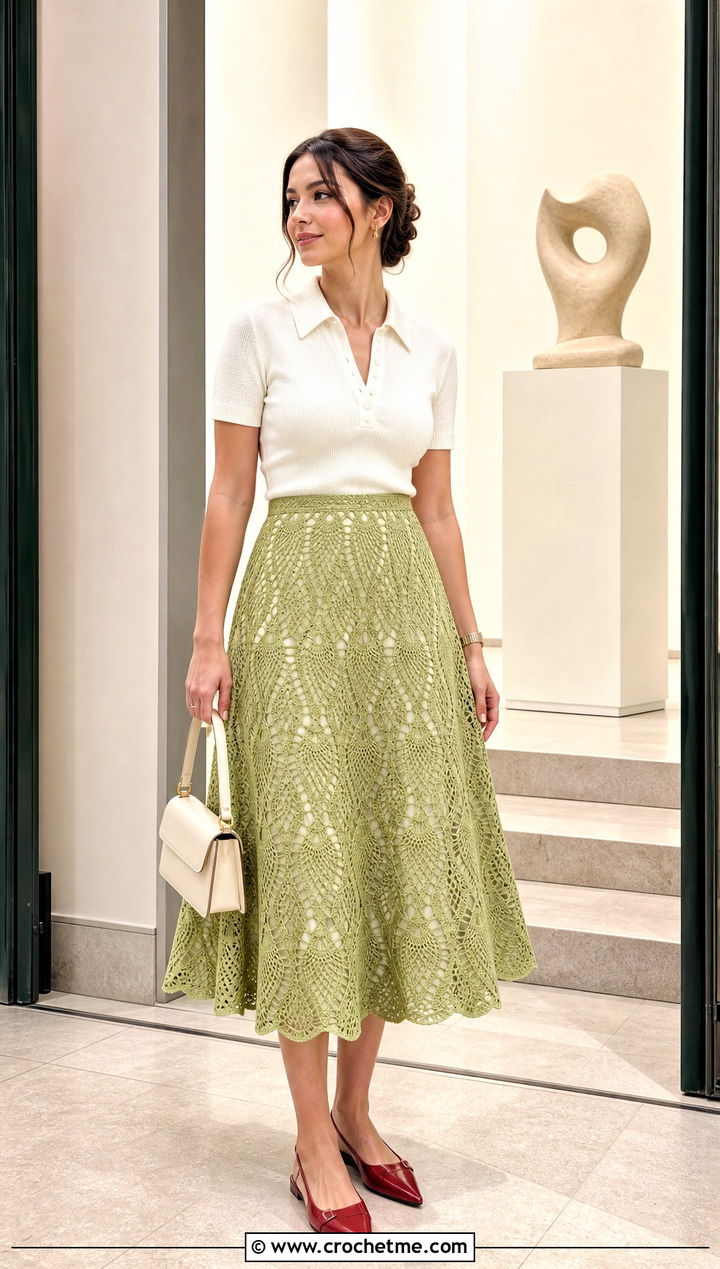 Pineapple A Line Skirt With Knit Polo Top - 25 crochet pineapple skirt outfit ideas