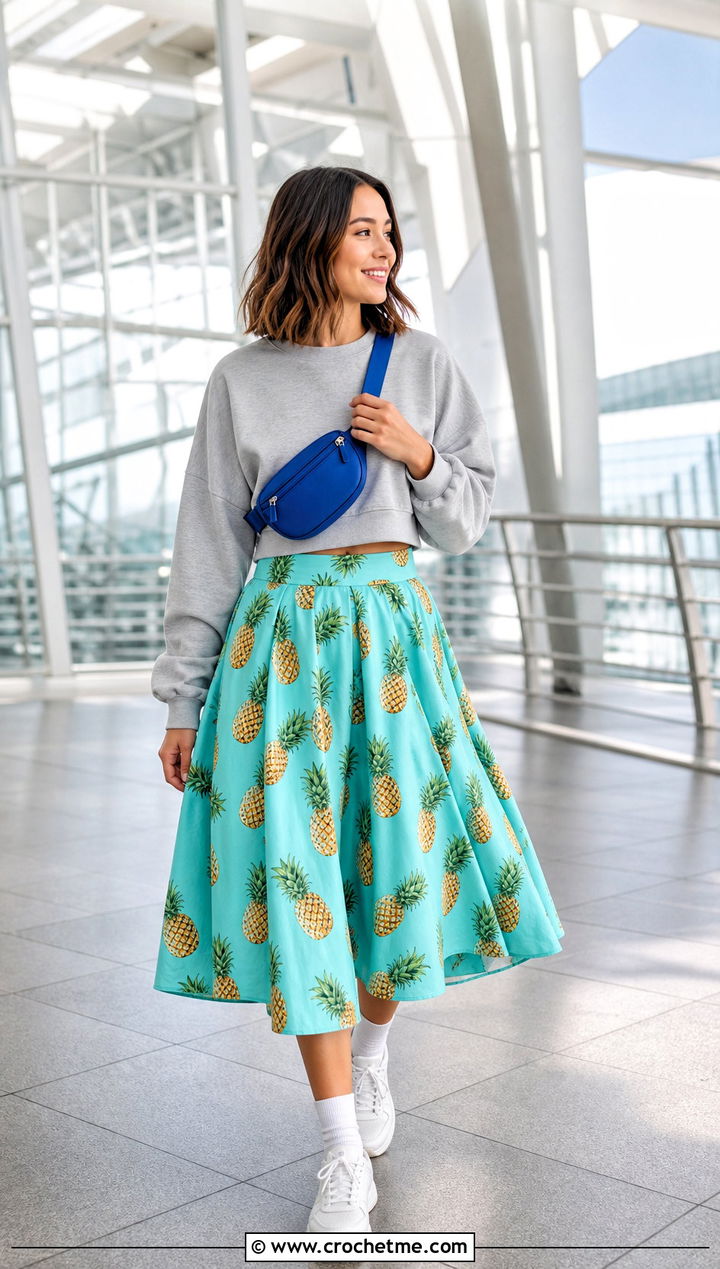 Pineapple Circle Skirt With Cropped Sweatshirt - 25 crochet pineapple skirt outfit ideas
