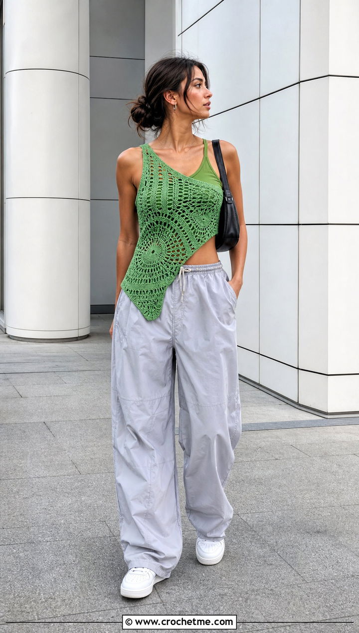 Pineapple Crochet Asymmetrical Top With Parachute Pants - 30 pineapple crochet top outfit ideas