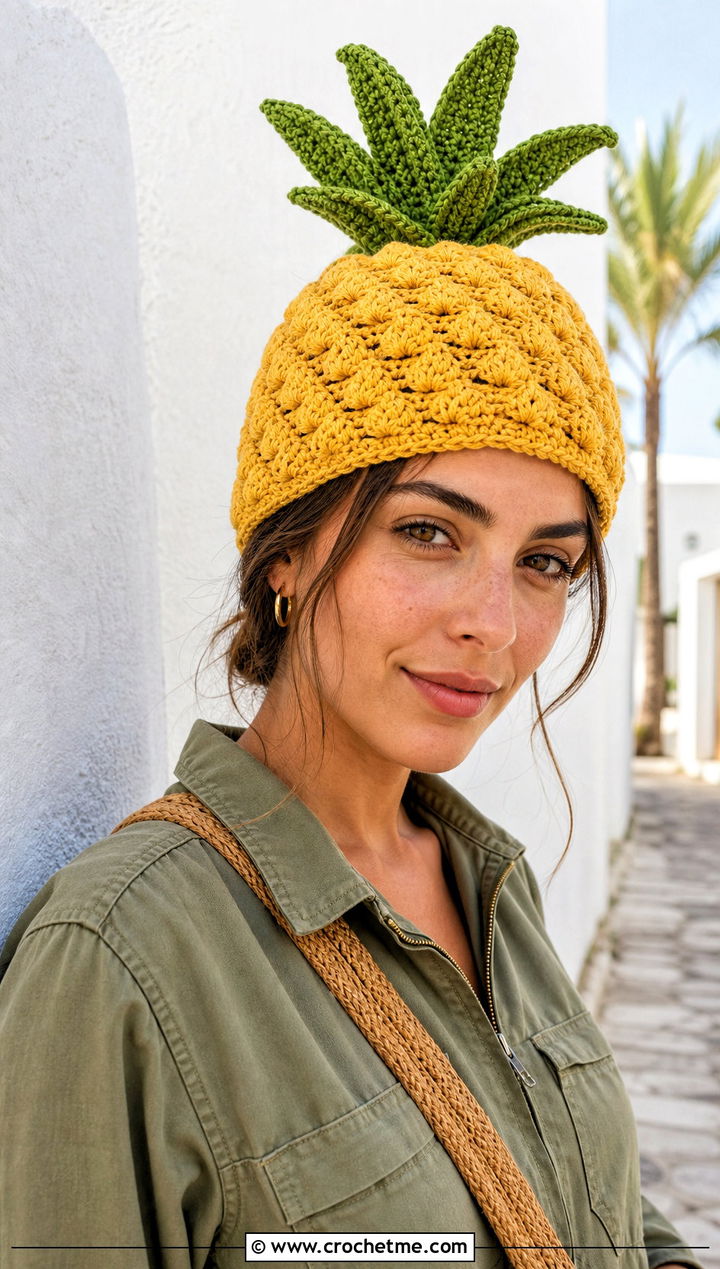 Pineapple Crochet Beanie With Utility Jumpsuit - 30 crochet fruit beanie outfit ideas