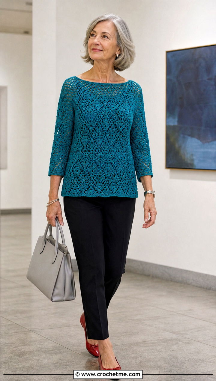 Pineapple Crochet Boat Neck Top With Cigarette Pants - 30 pineapple crochet top outfit ideas
