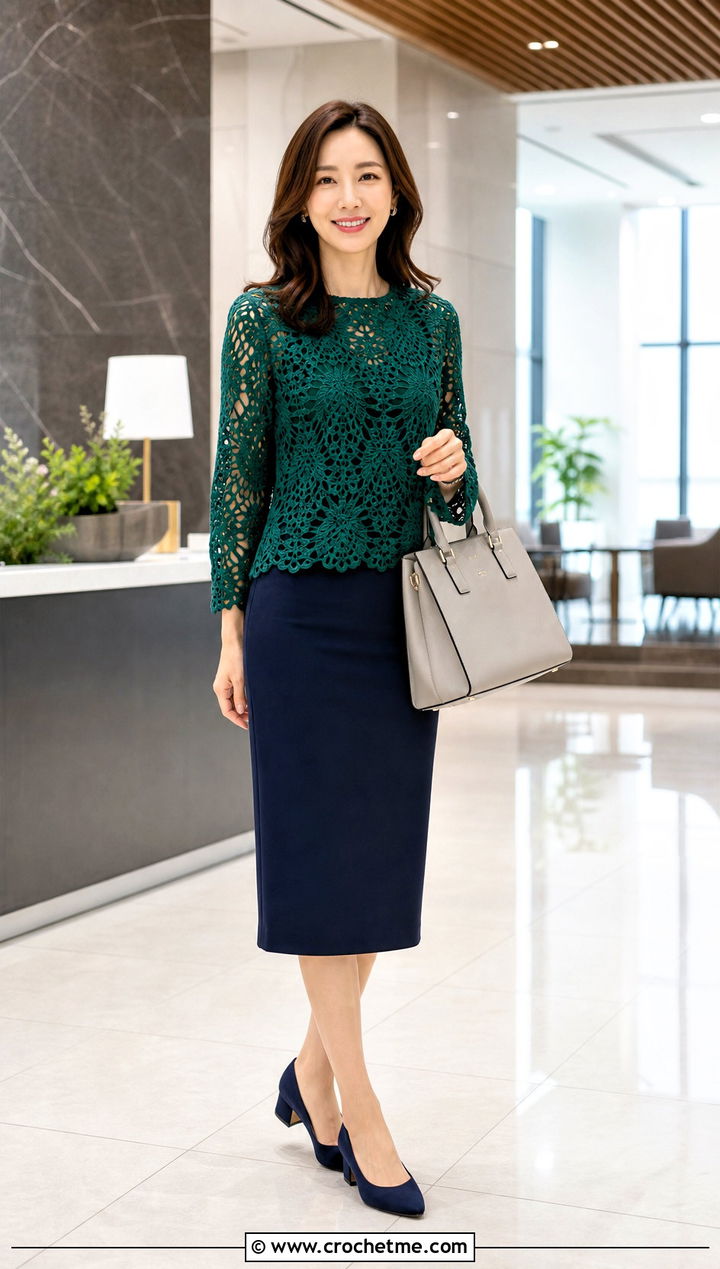 Pineapple Crochet Lace Blouse With A Pencil Skirt - 30 pineapple crochet top outfit ideas