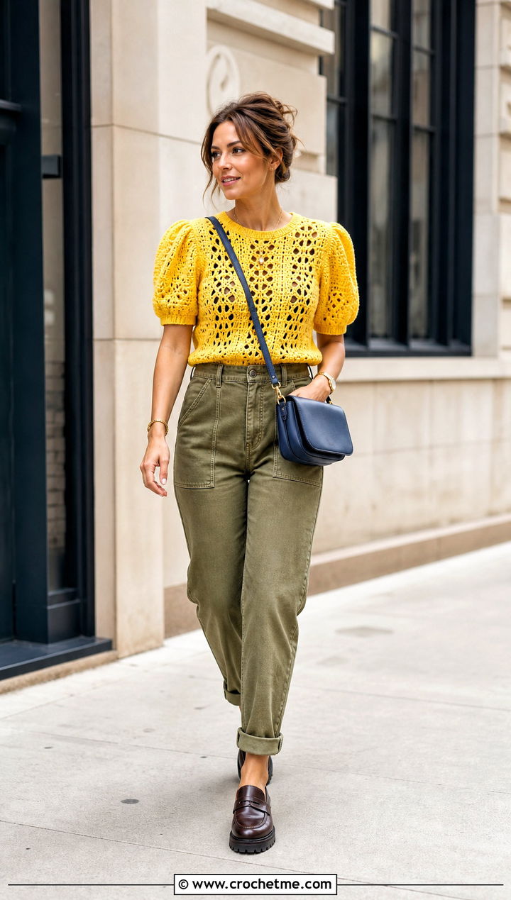 Pineapple Crochet Puff Sleeve Top With Utility Pants - 30 pineapple crochet top outfit ideas