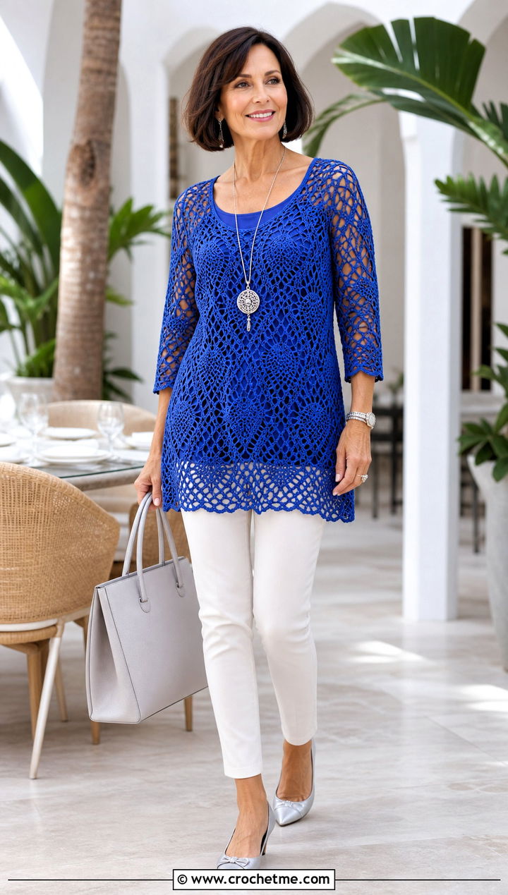 Pineapple Crochet Tunic Top With Slim Pants - 30 pineapple crochet top outfit ideas
