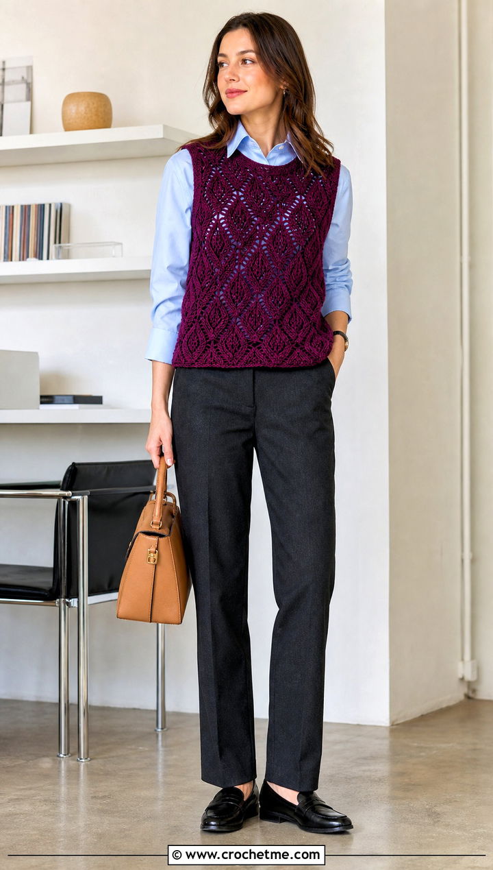 Pineapple Crochet Vest Top Over A Button Down Shirt - 30 pineapple crochet top outfit ideas