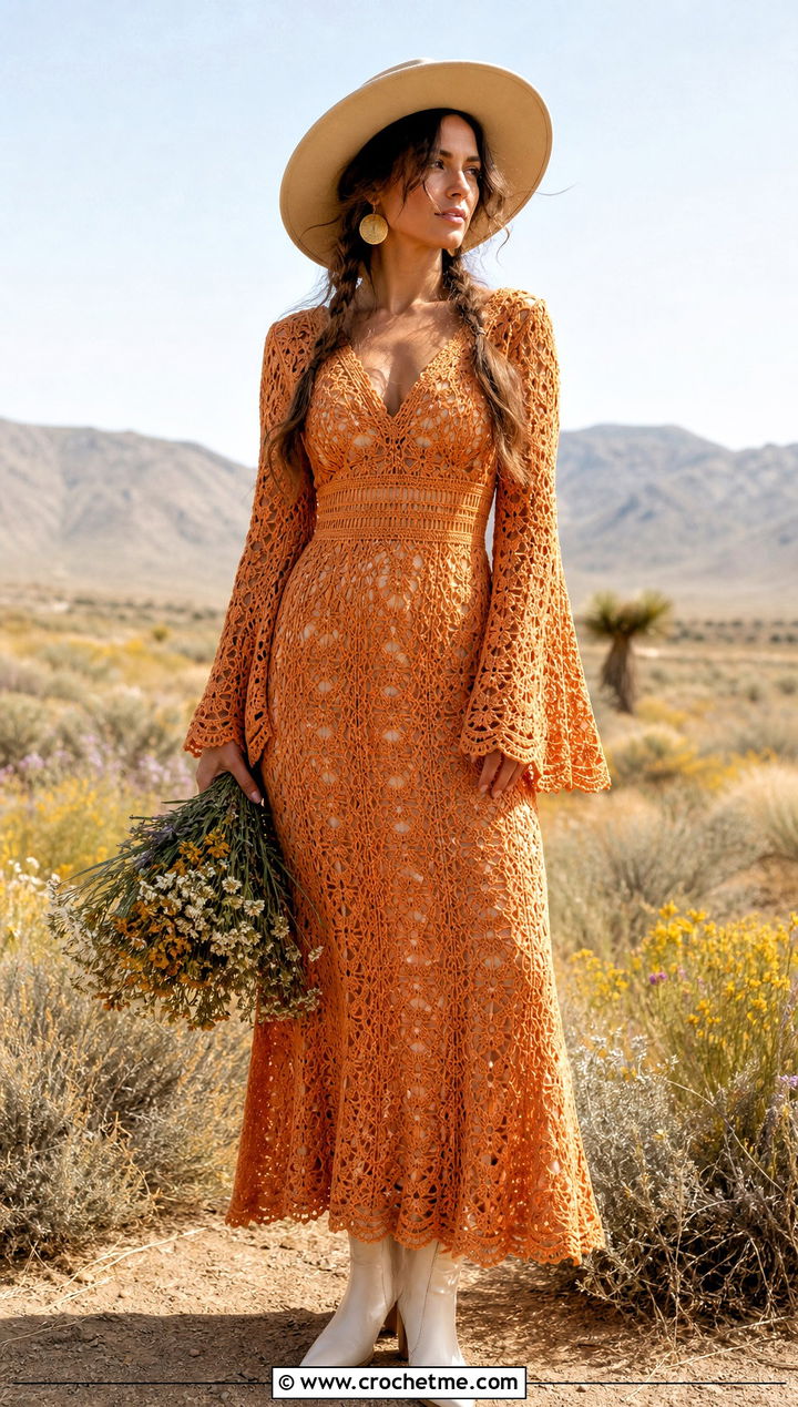 Pineapple Crochet Wedding Dress With Boho Boots - 15 crochet wedding dress inspiration outfit ideas