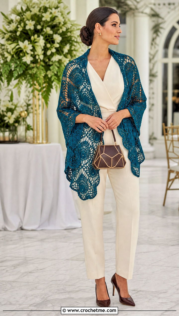 Pineapple Lace Circle Crochet Shawl With Tailored Jumpsuit - 20 Circle Crochet Shawl outfit ideas