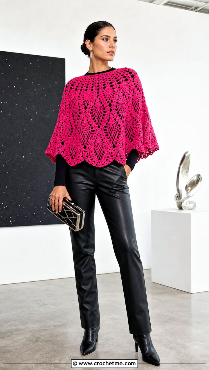 Pineapple Lace Circular Poncho With Leather Pants - 25 Crochet Circular Poncho outfit ideas