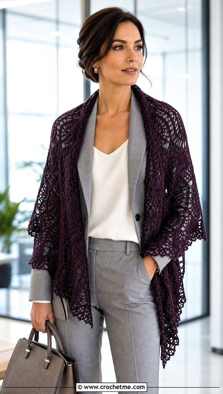 Pineapple Lace Circular Shawl With a Pantsuit - 30 crochet circular shawl outfit ideas