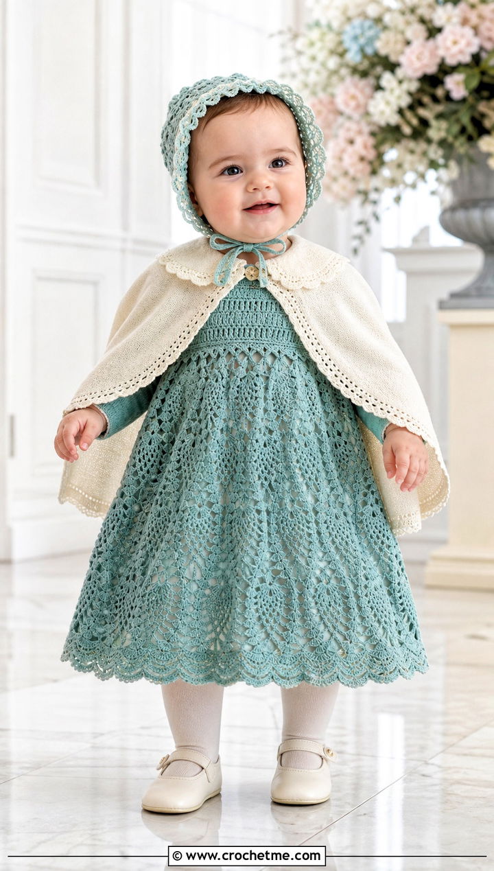 Pineapple Lace Crochet Baptism Gown With Cape - 15 Crochet Baptism Gown outfit ideas