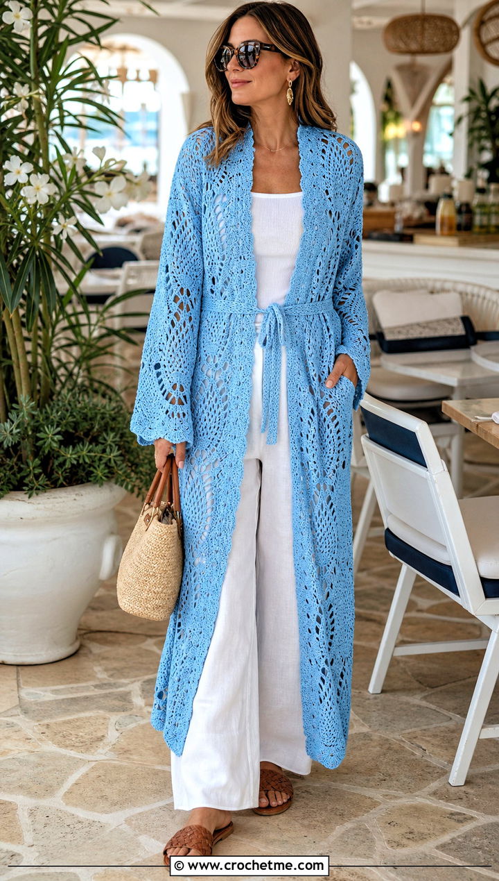 Pineapple Lace Crochet Bathrobe With Linen Pants - 30 crochet bathrobe outfit ideas
