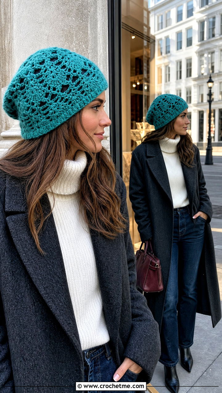 Pineapple Lace Crochet Beanie With Wool Coat And Turtleneck - 30 crochet lace beanie outfit ideas