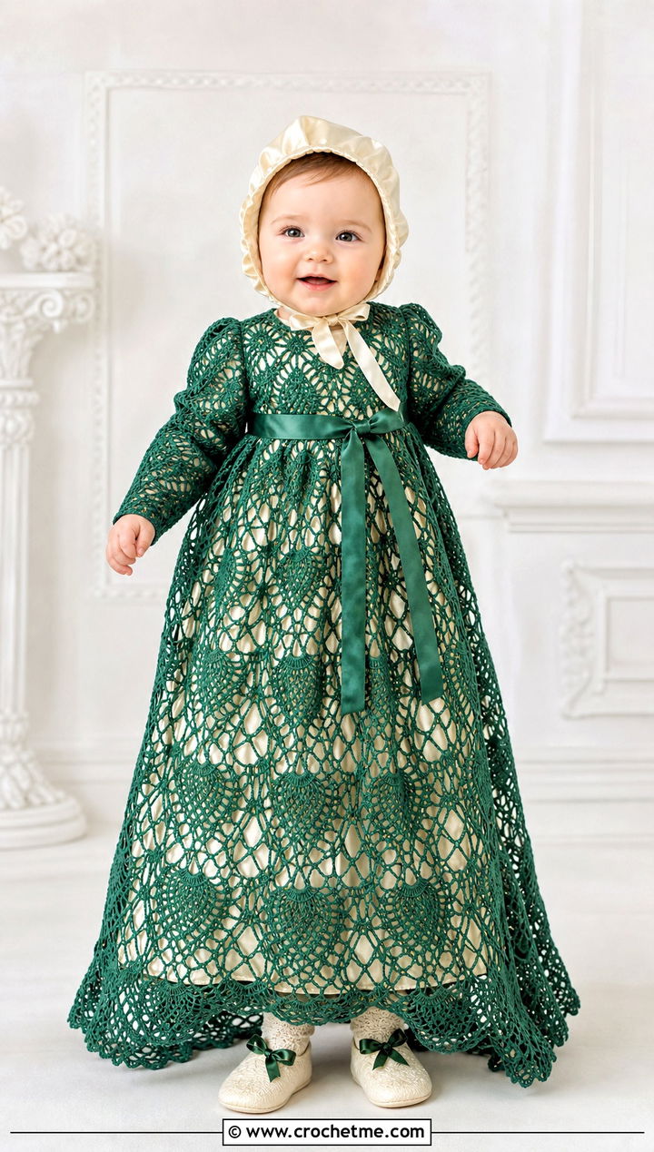 Pineapple Lace Crochet Blessing Dress With Satin Bonnet - 15 Crochet Blessing Dress outfit ideas