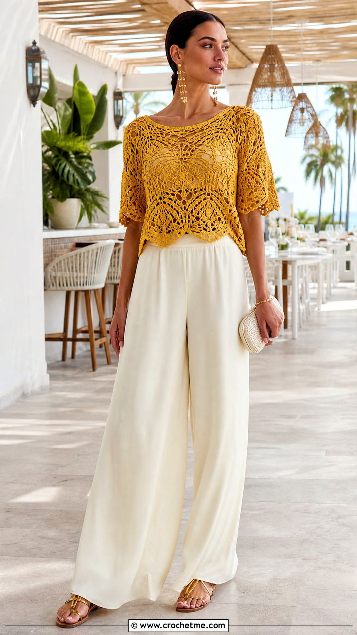 Pineapple Lace Crochet Blouse With Palazzo Pants - 35 crochet summer blouse outfit ideas