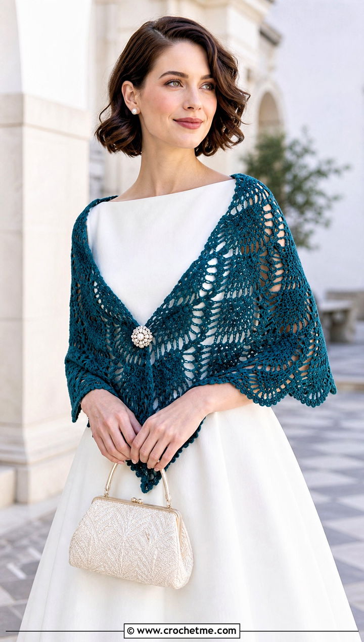 Pineapple Lace Crochet Bridal Shawl With Tea Length Dress - 25 Crochet Bridal Shawl outfit ideas