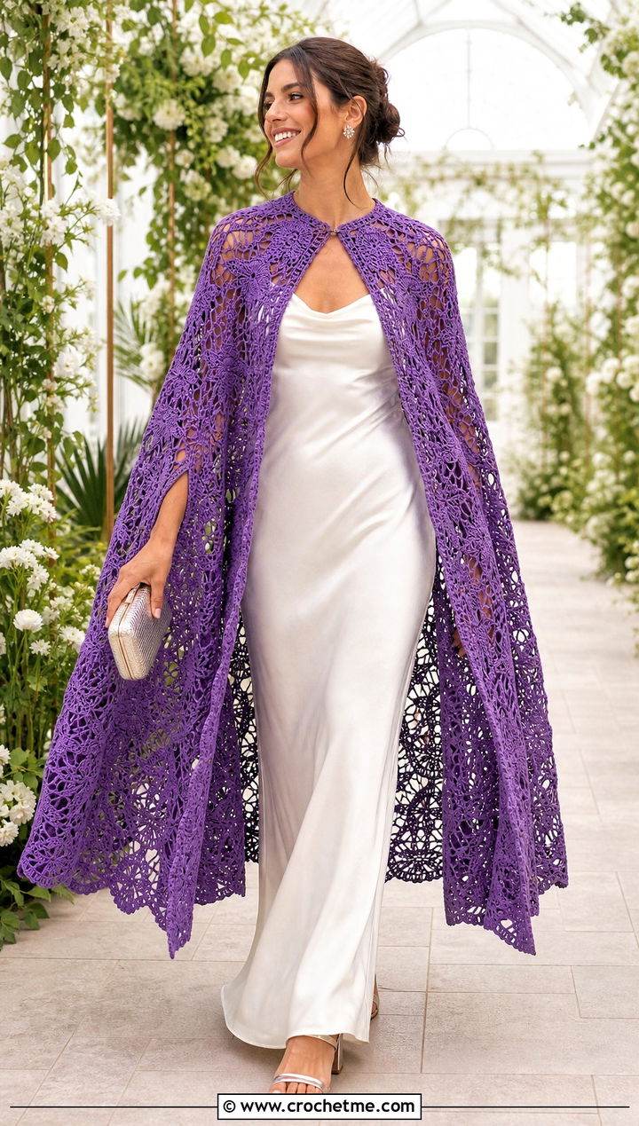 Pineapple Lace Crochet Cape With Bias Cut Slip Dress - 25 Crochet Wedding Cape outfit ideas