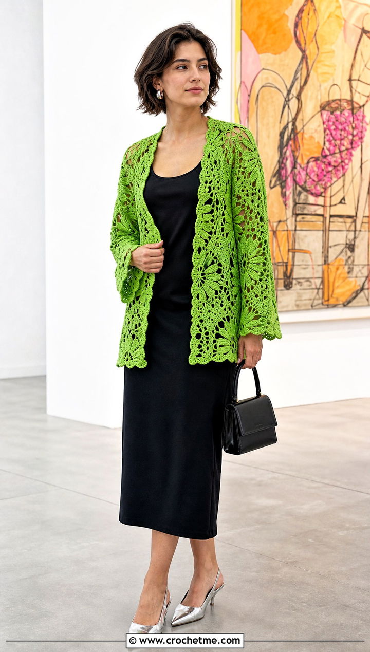 Pineapple Lace Crochet Cardigan With Black Column Dress - 30 crochet lacy cardigan outfit ideas