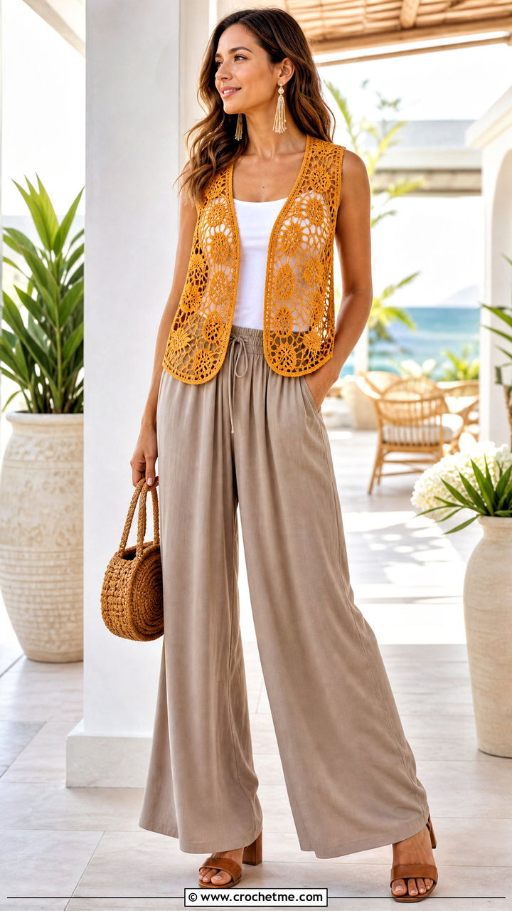 Pineapple Lace Crochet Circle Vest With Tank And Palazzo Pants - 35 crochet circle vest outfit ideas