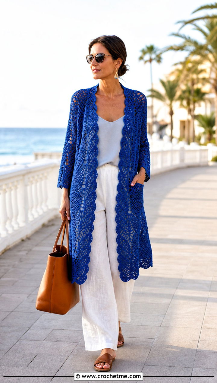 Pineapple Lace Crochet Coat With Linen Pants - 30 women crochet coat outfit ideas