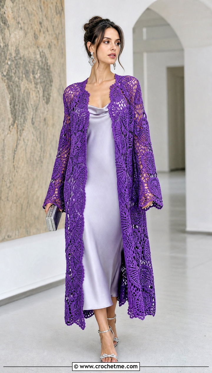 Pineapple Lace Crochet Coat With Satin Slip Dress - 30 crochet long cardigan sweater coats outfit ideas