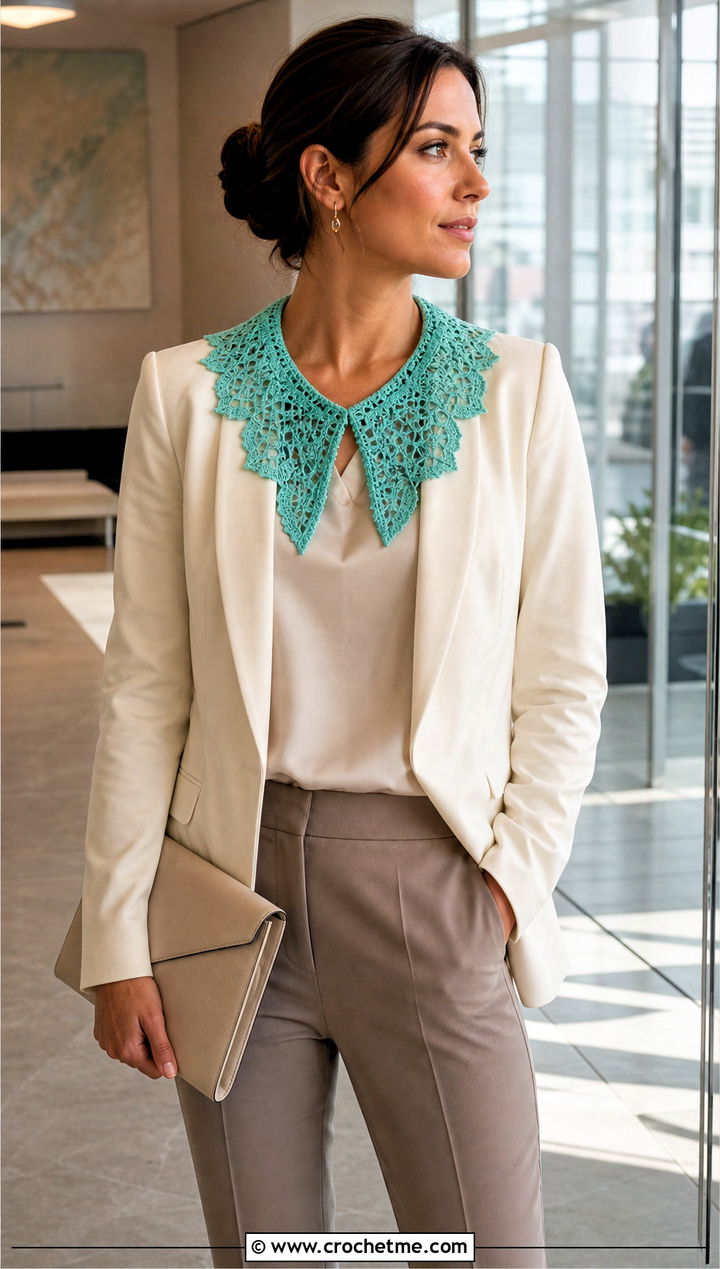 Pineapple Lace Crochet Collar With Satin Blouse And Suit - 15 Vintage Crochet Collar Design outfit ideas