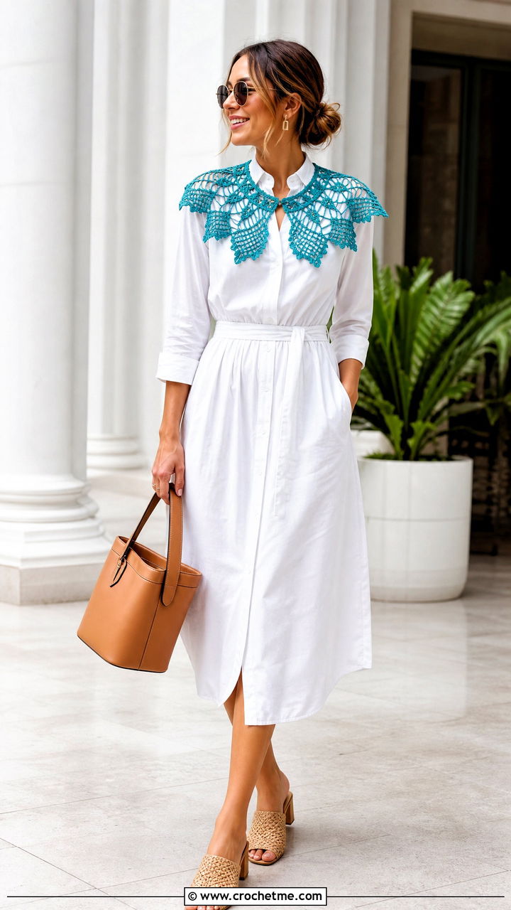 Pineapple Lace Crochet Collar With White Shirt Dress - 35 crochet collars outfit ideas