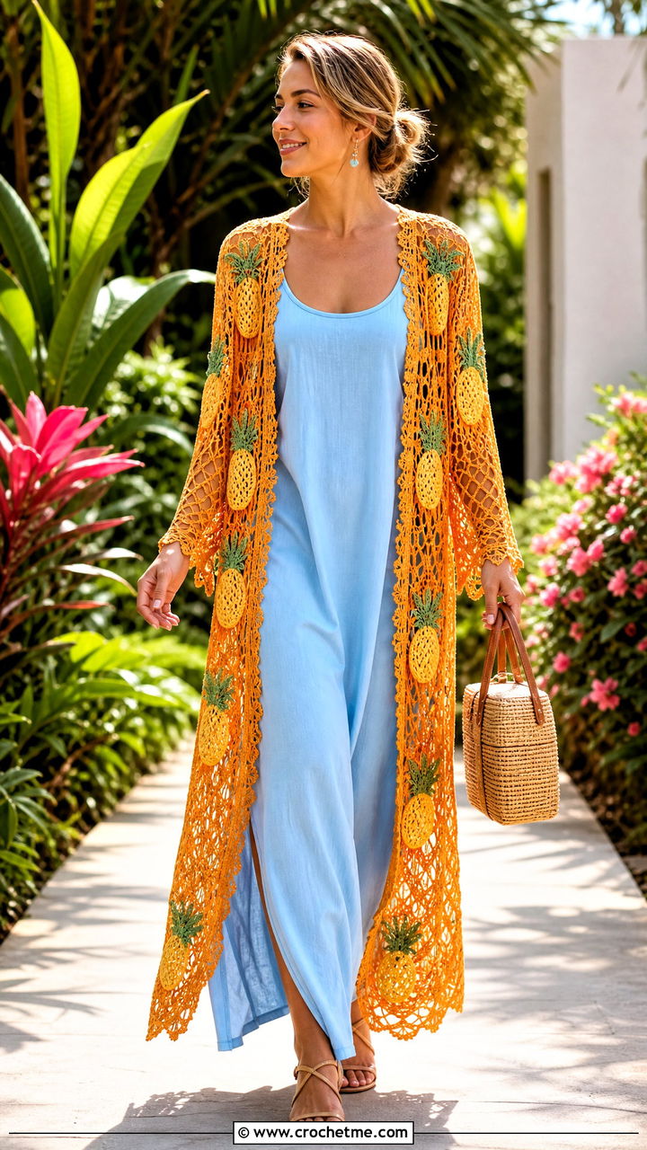 Pineapple Lace Crochet Duster Cardigan With Maxi Dress - 35 crochet duster cardigan outfit ideas