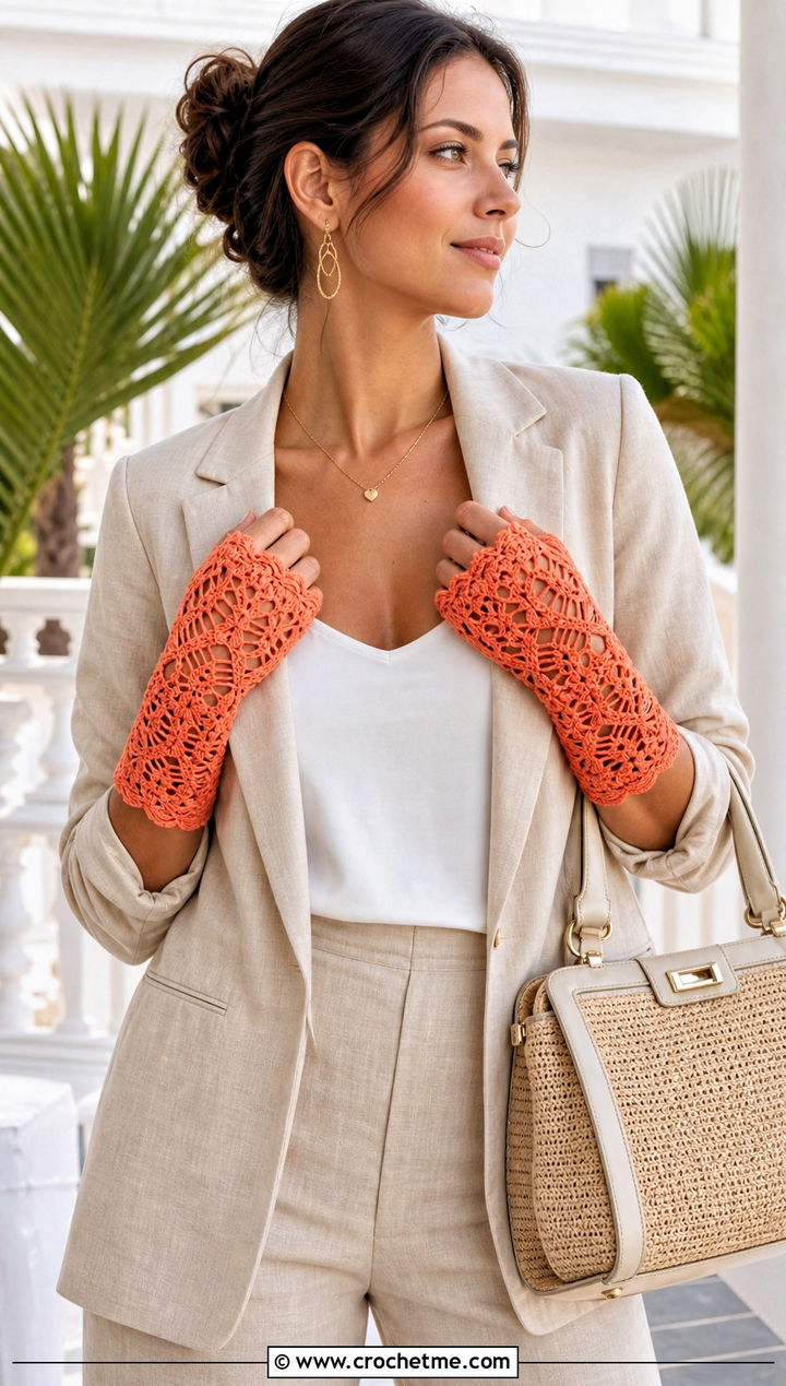 Pineapple Lace Crochet Fingerless Gloves With Linen Suit - 25 Lace Crochet Fingerless Gloves outfit ideas