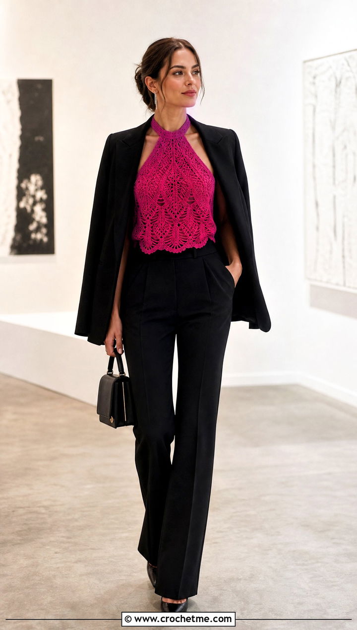 Pineapple Lace Crochet Halter Neck Top With Suit Pants - 30 crochet halter neck outfit ideas