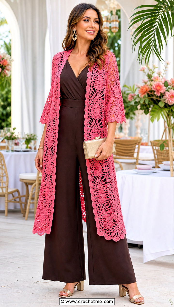 Pineapple Lace Crochet Kimono With Wide Leg Jumpsuit And Heels - 30 Boho Crochet Kimono outfit ideas