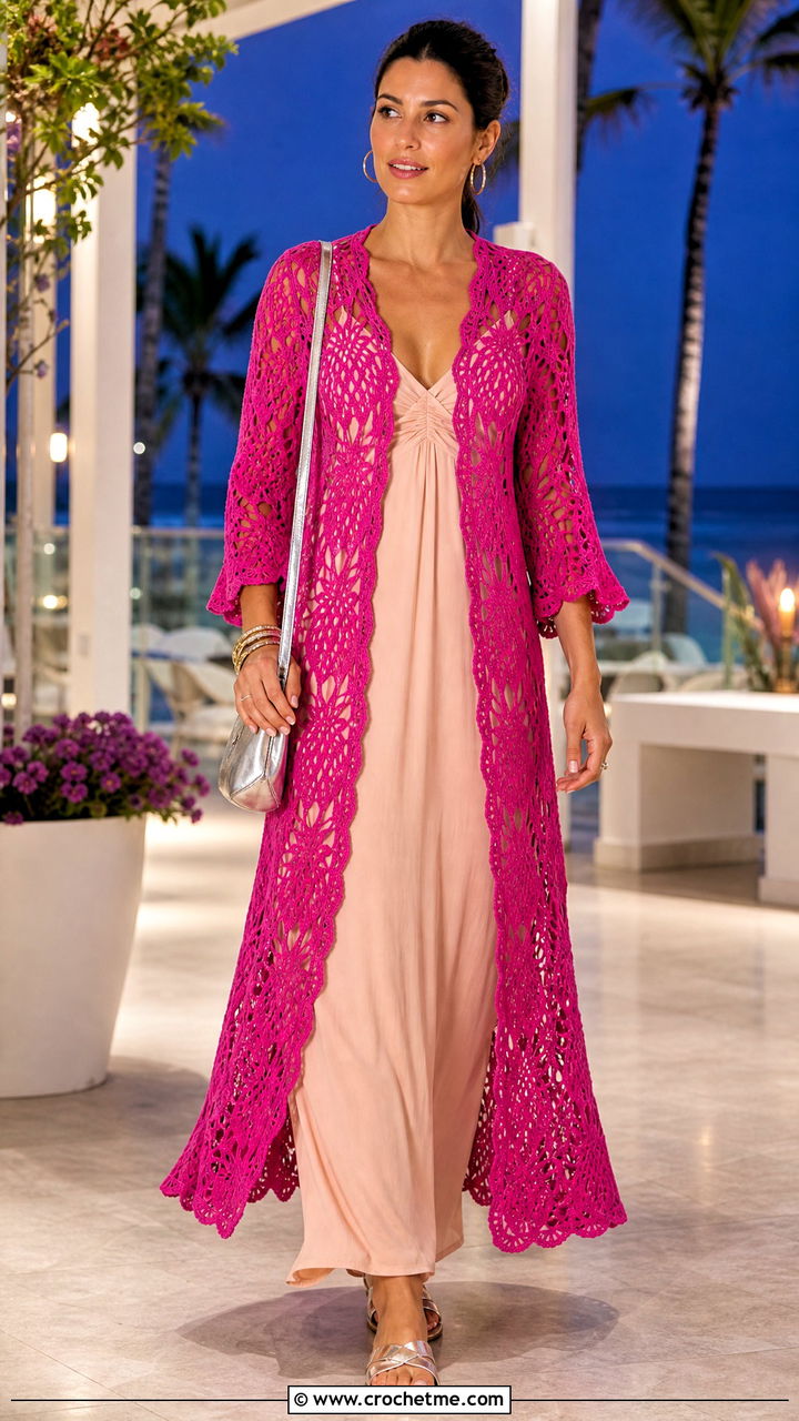 Pineapple Lace Crochet Long Cardigan With Maxi Dress - 35 crochet long cardigan outfit ideas