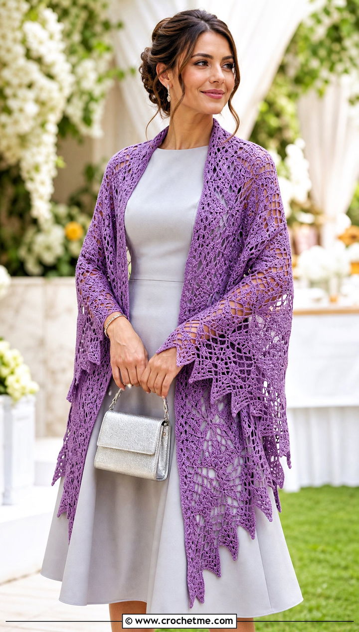 Pineapple Lace Crochet Long Shawl With Fit And Flare Dress - 20 Crochet Long Shawl outfit ideas