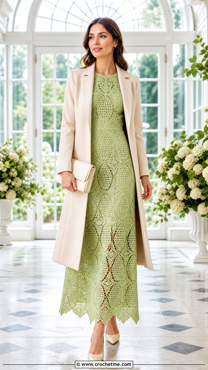 Pineapple Lace Crochet Maxi Dress With Tailored Coat - 35 crochet formal dress outfit ideas