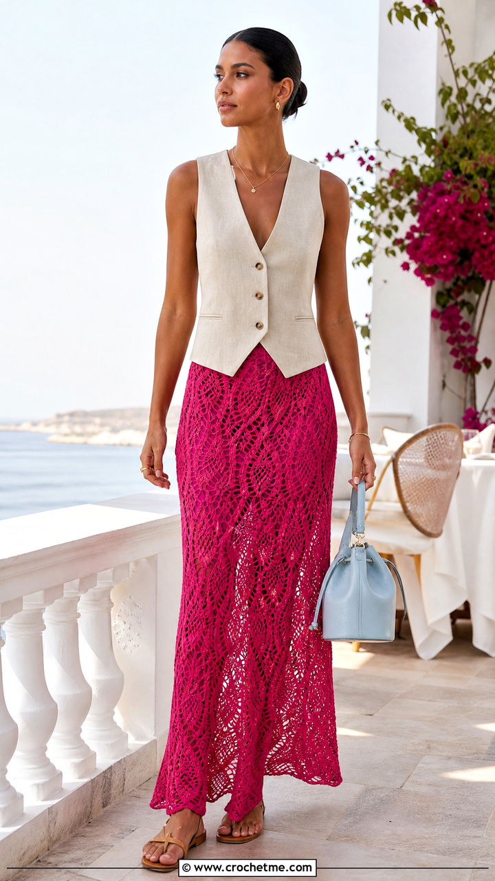 Pineapple Lace Crochet Maxi Skirt With Linen Vest - 35 crochet summer skirt outfit ideas