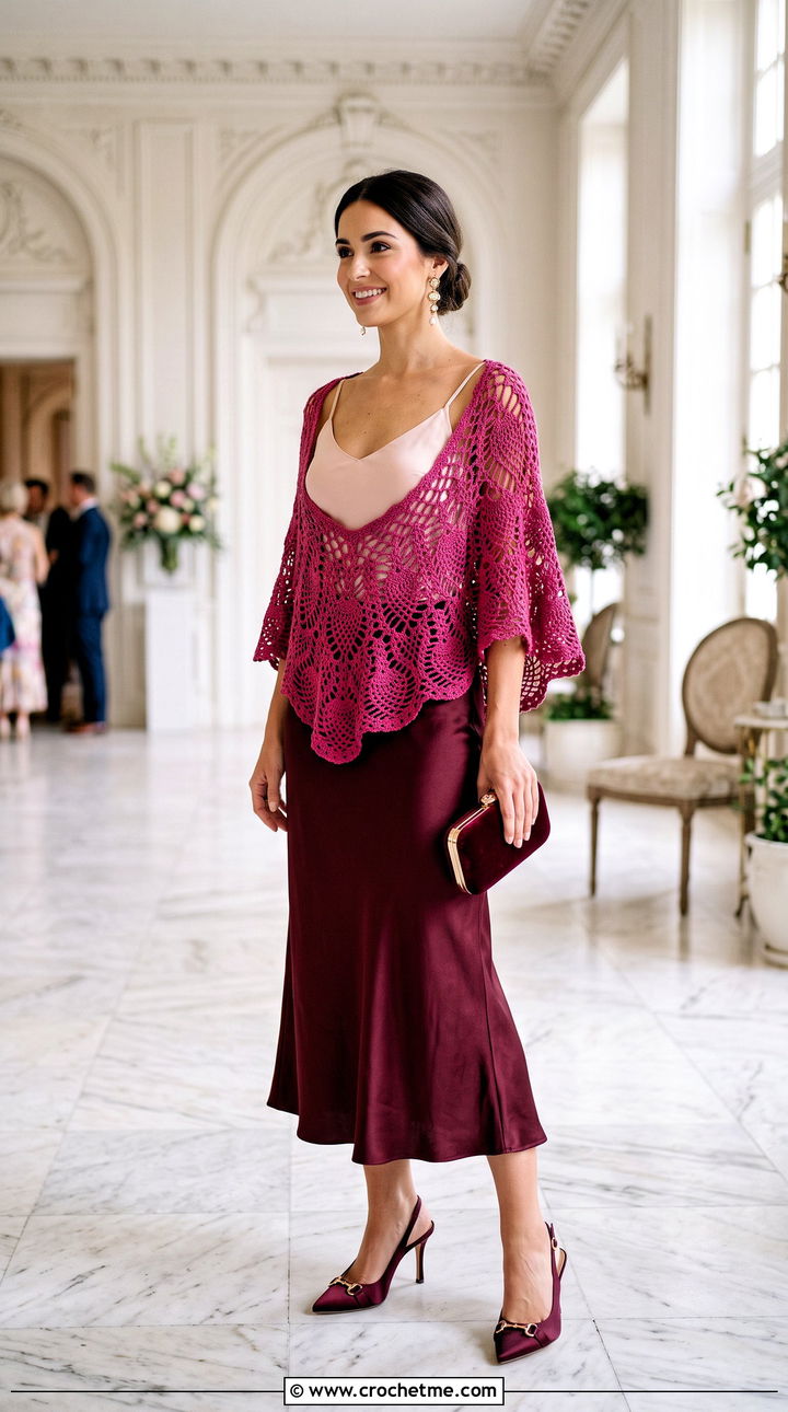 Pineapple Lace Crochet Poncho With Satin Skirt - 25 Crochet For Poncho outfit ideas