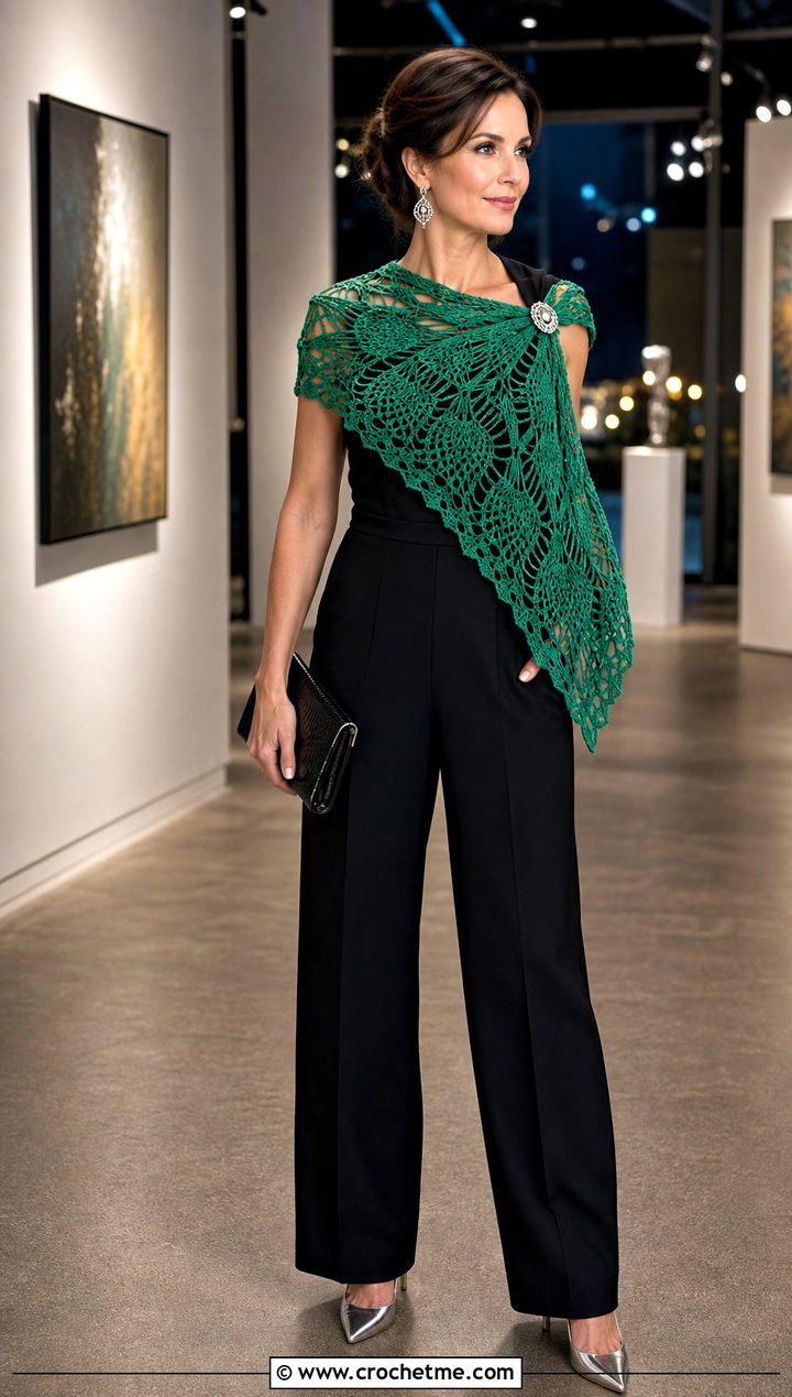 Pineapple Lace Crochet Scarf With Black Jumpsuit And Heels - 15 Lacy Green Crochet Scarf outfit ideas