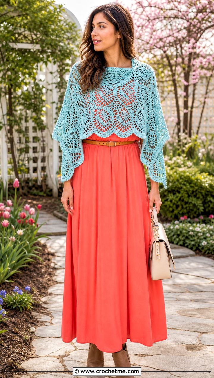 Pineapple Lace Crochet Scarf With Maxi Dress And Ankle Boots - 30 easy crochet lace scarf outfit ideas