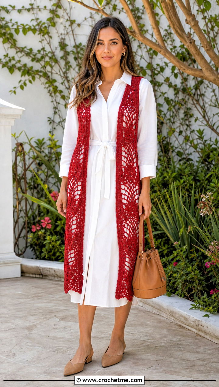 Pineapple Lace Crochet Shawl Vest With White Shirt Dress - 25 crochet shawl vest outfit ideas