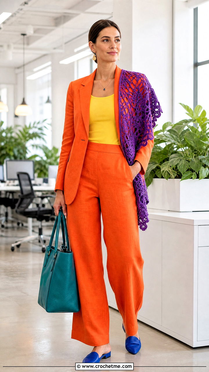 Pineapple Lace Crochet Shawl With A Linen Pantsuit - 35 crochet shawl outfit ideas