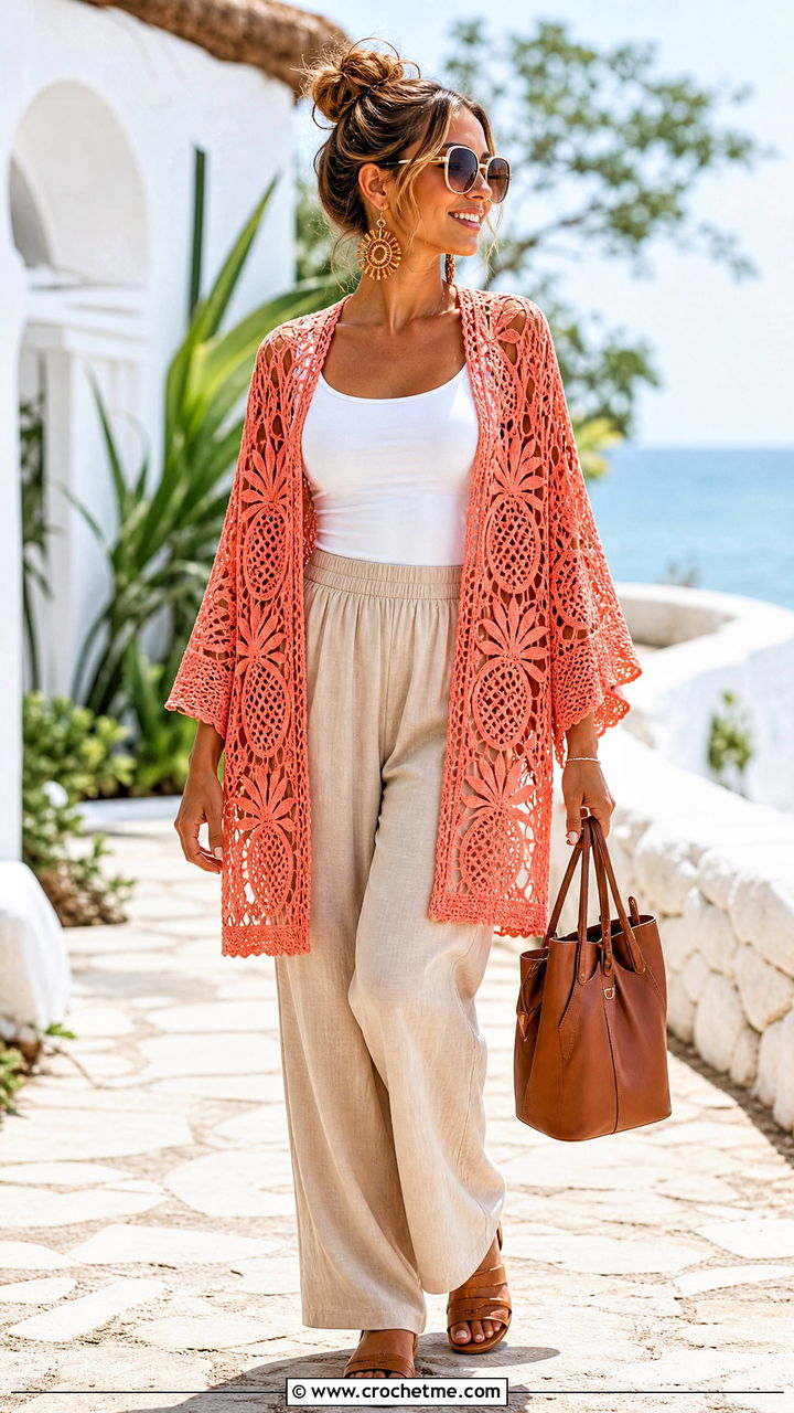 Pineapple Lace Crochet Shawl With Linen Pants - 35 lacy crochet shawl outfit ideas