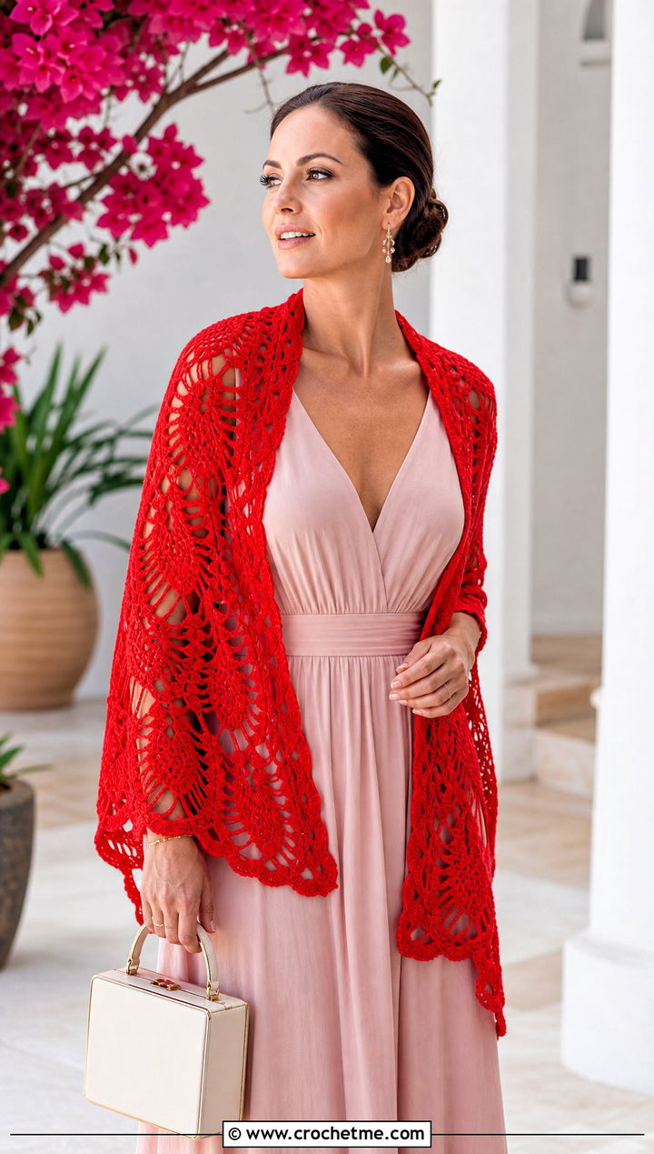 Pineapple Lace Crochet Shawl With Maxi Dress - 20 Elegant Crochet Shawl outfit ideas