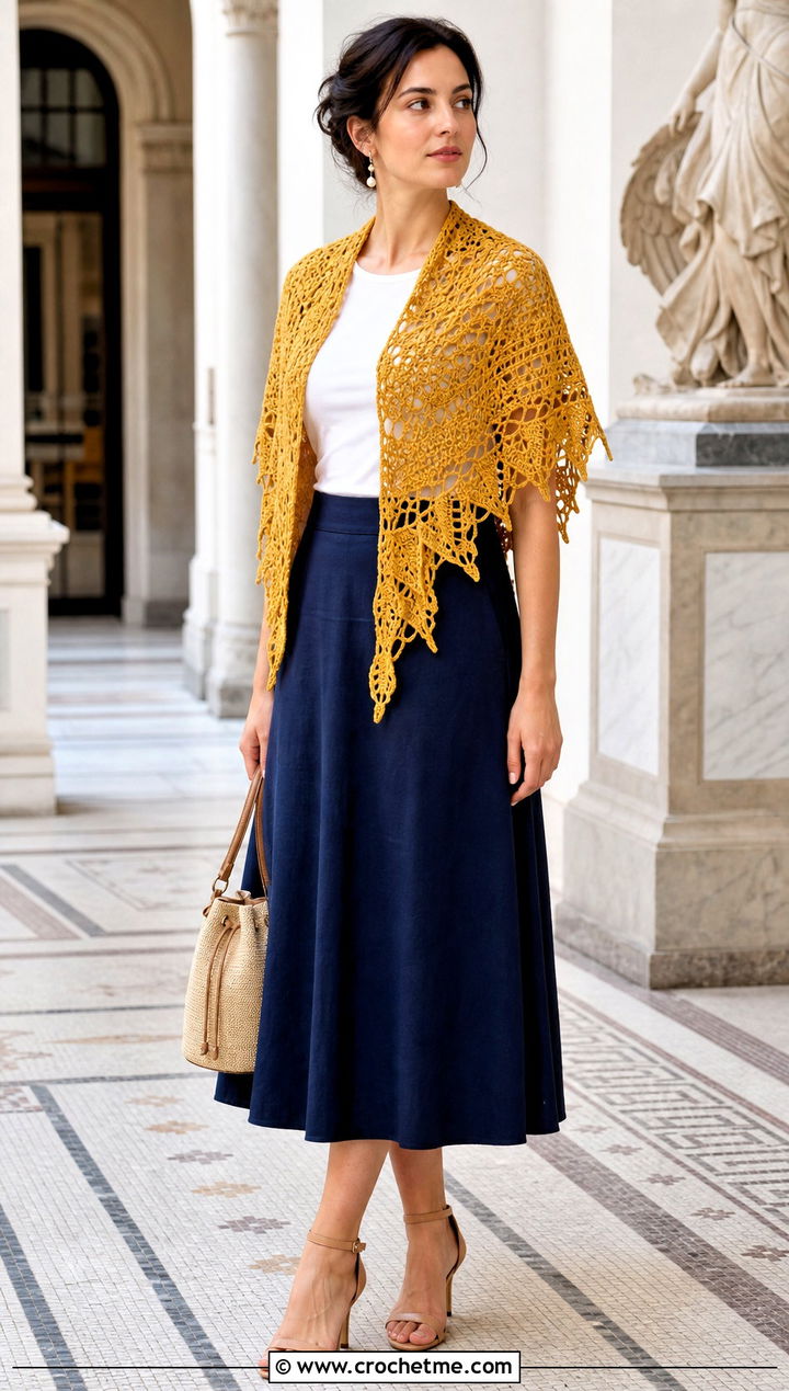 Pineapple Lace Crochet Shawl With Midi Skirt - 30 summer crochet shawl outfit ideas