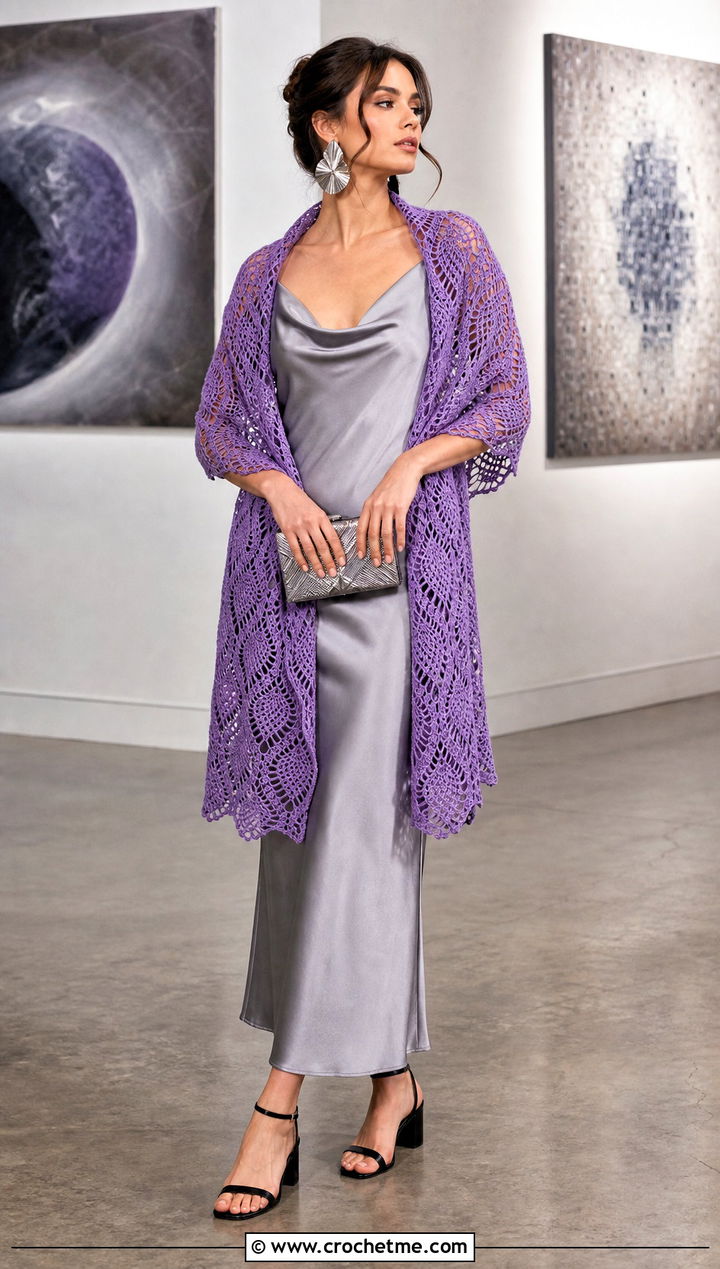 Pineapple Lace Crochet Shawl With Satin Slip Dress - 25 pineapple crochet shawl outfit ideas