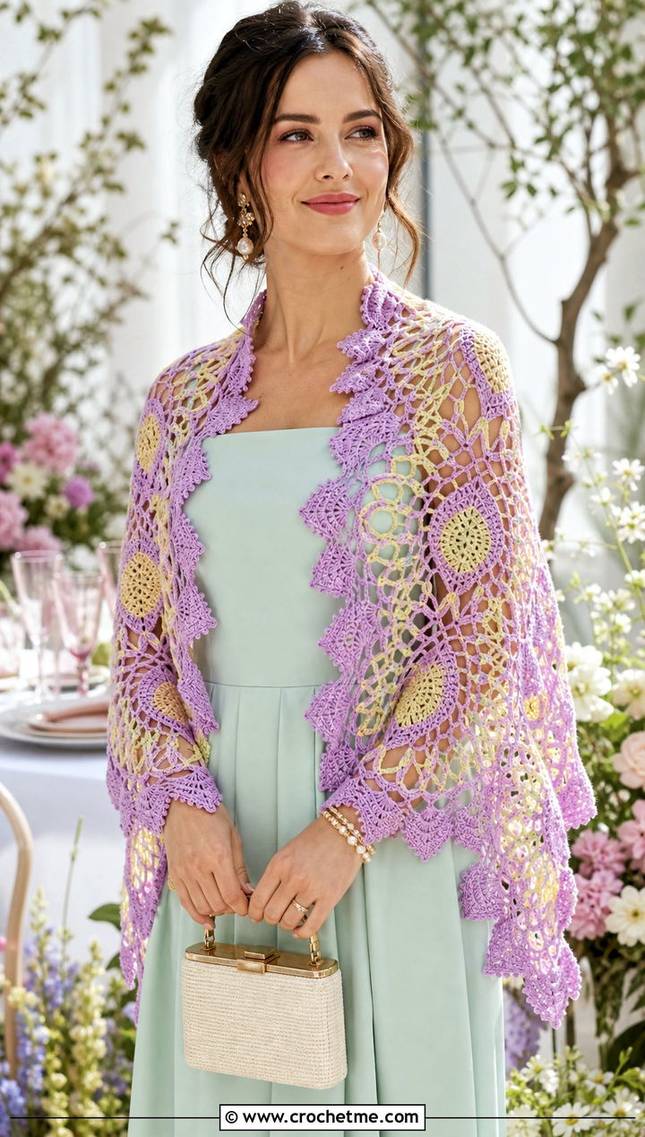 Pineapple Lace Crochet Shawl With Tea Dress - 25 Spring Crochet Shawl outfit ideas